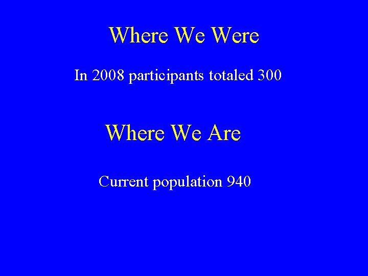 Where We Were In 2008 participants totaled 300 Where We Are Current population 940
