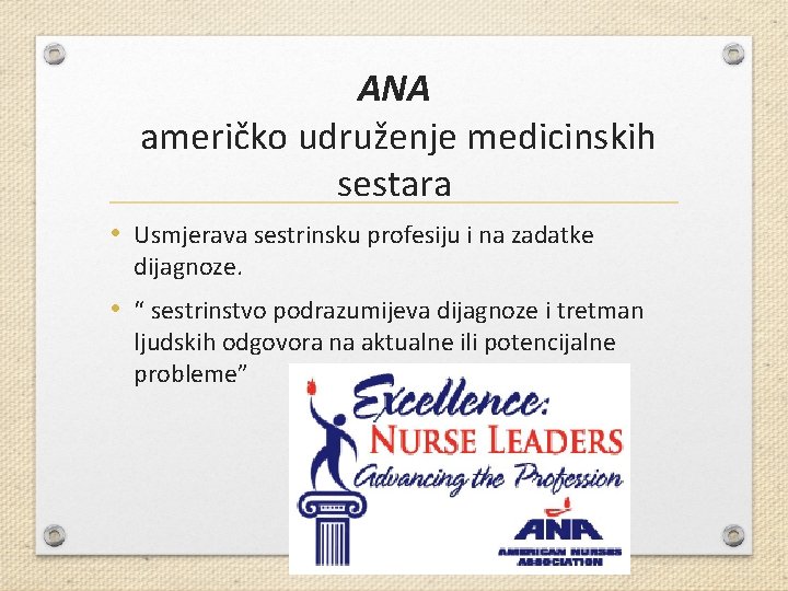 ANA američko udruženje medicinskih sestara • Usmjerava sestrinsku profesiju i na zadatke dijagnoze. •