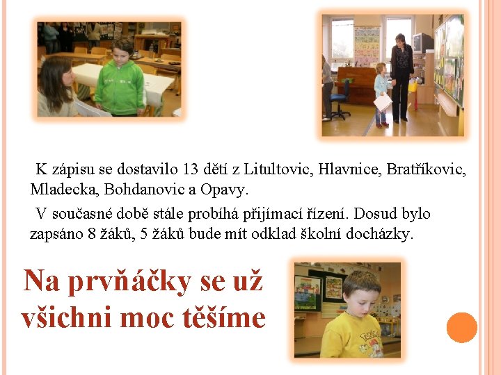 K zápisu se dostavilo 13 dětí z Litultovic, Hlavnice, Bratříkovic, Mladecka, Bohdanovic a Opavy.