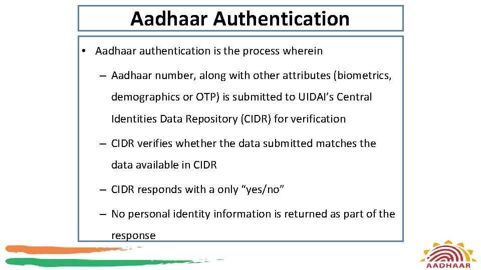 Aadhaar Authentication • Aadhaar authentication is the process wherein – Aadhaar number, along with
