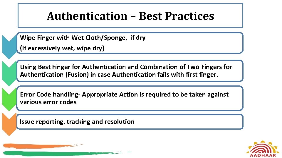 Authentication – Best Practices Wipe Finger with Wet Cloth/Sponge, if dry (If excessively wet,