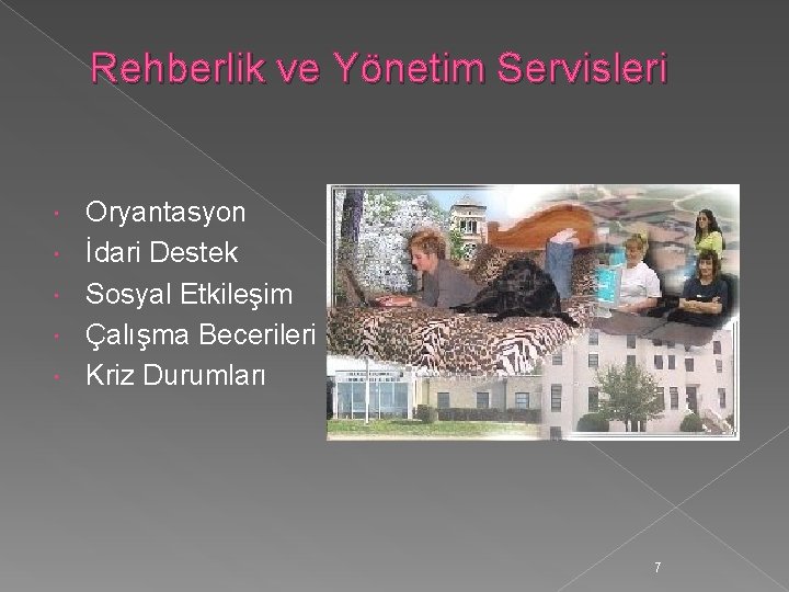 Rehberlik ve Yönetim Servisleri Oryantasyon İdari Destek Sosyal Etkileşim Çalışma Becerileri Kriz Durumları 7