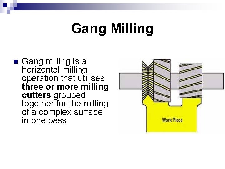 Gang Milling n Gang milling is a horizontal milling operation that utilises three or