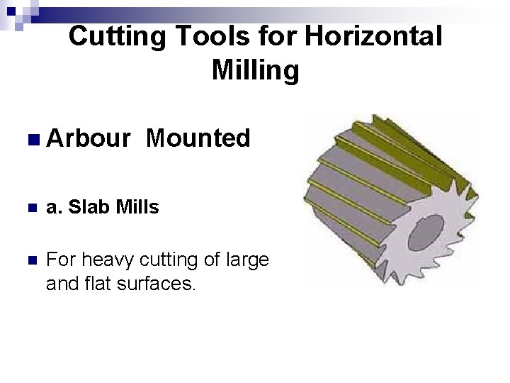 Cutting Tools for Horizontal Milling n Arbour Mounted n a. Slab Mills n For