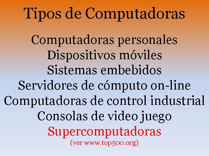 Tipos de Computadoras personales Dispositivos móviles Sistemas embebidos Servidores de cómputo on-line Computadoras de