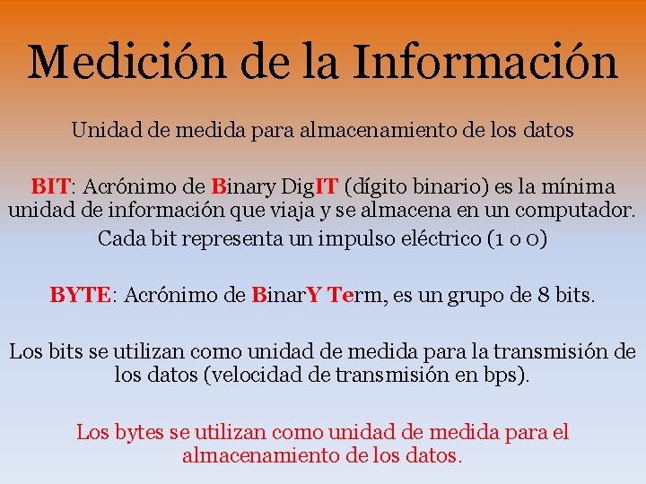 Medición de la Información Unidad de medida para almacenamiento de los datos BIT: Acrónimo