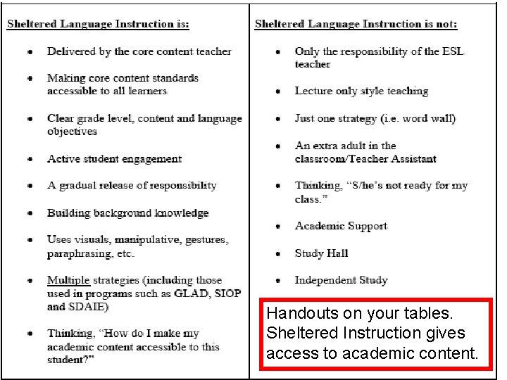 Handouts on your tables. Sheltered Instruction gives access to academic content. 9 