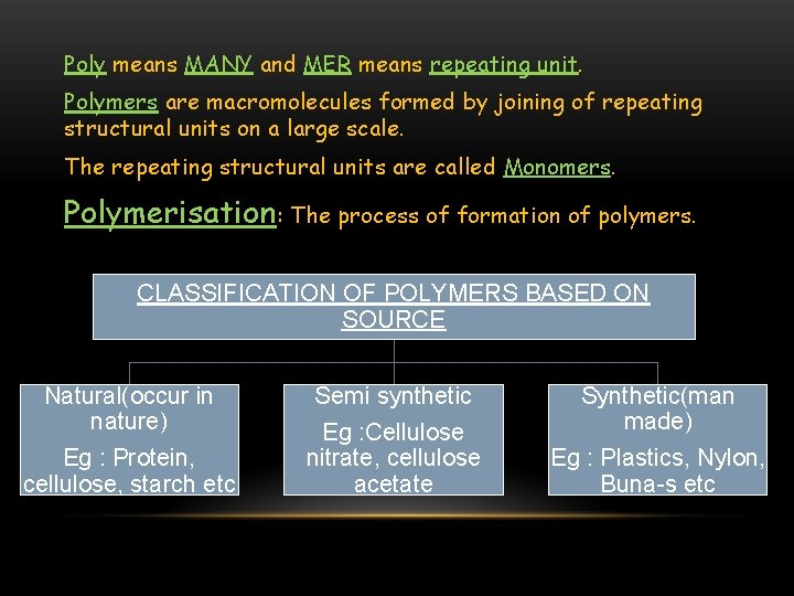 Poly means MANY and MER means repeating unit. Polymers are macromolecules formed by joining