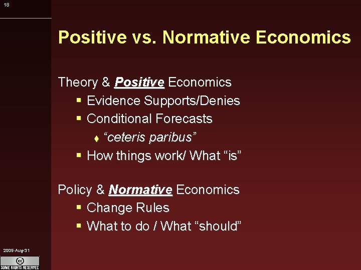 18 Positive vs. Normative Economics Theory & Positive Economics Evidence Supports/Denies Conditional Forecasts “ceteris