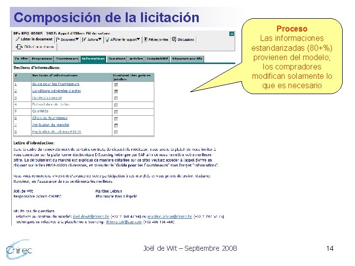 Composición de la licitación Joël de Wit – Septiembre 2008 Proceso Las informaciones estandarizadas