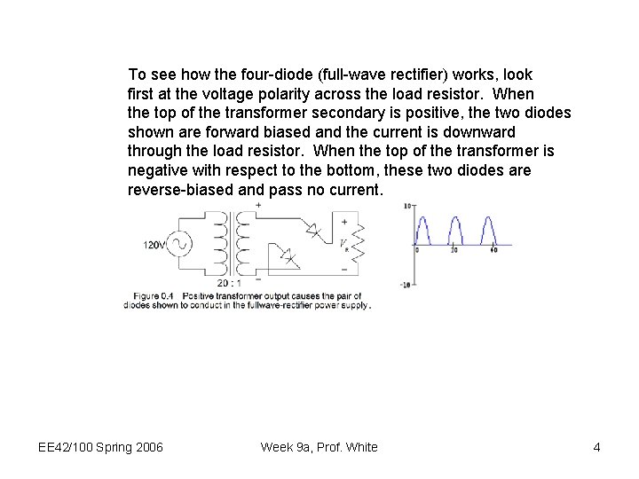To see how the four-diode (full-wave rectifier) works, look first at the voltage polarity