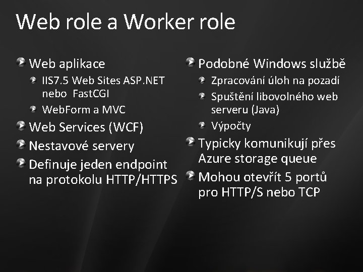 Web role a Worker role Web aplikace IIS 7. 5 Web Sites ASP. NET