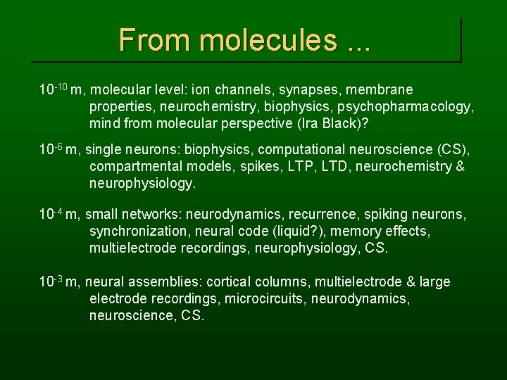 From molecules. . . 10 -10 m, molecular level: ion channels, synapses, membrane properties,