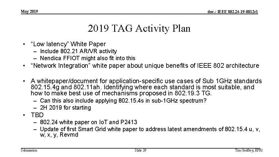 May 2019 doc. : IEEE 802. 24 -19 -0012 r 1 2019 TAG Activity