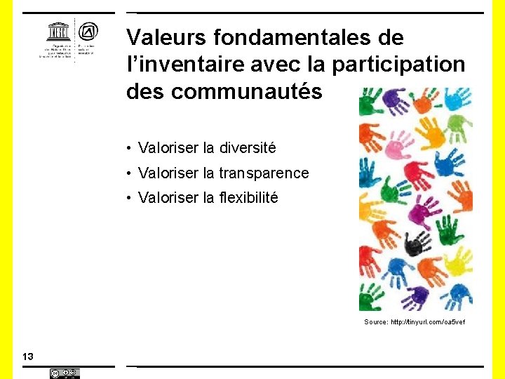 Valeurs fondamentales de l’inventaire avec la participation des communautés • Valoriser la diversité •