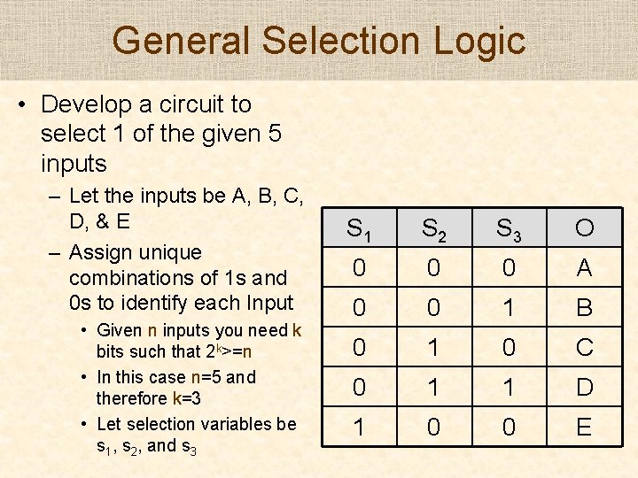 General Selection Logic • Develop a circuit to select 1 of the given 5