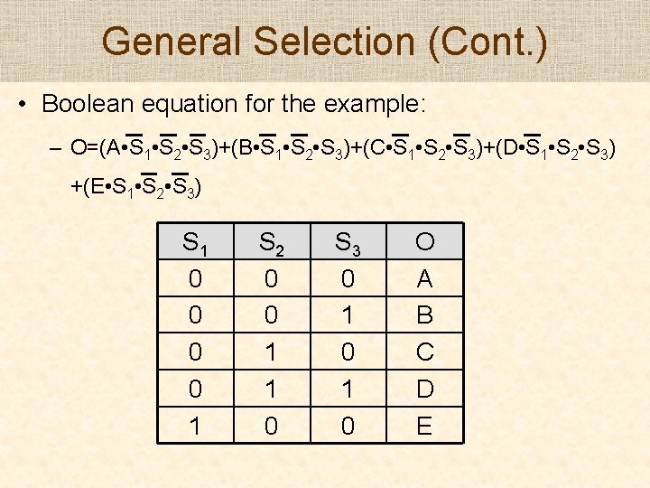 General Selection (Cont. ) • Boolean equation for the example: – O=(A • S