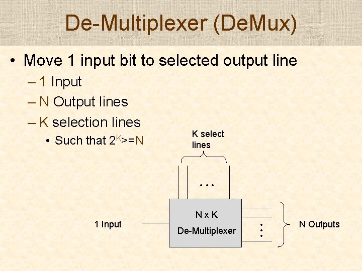 De-Multiplexer (De. Mux) • Move 1 input bit to selected output line – 1