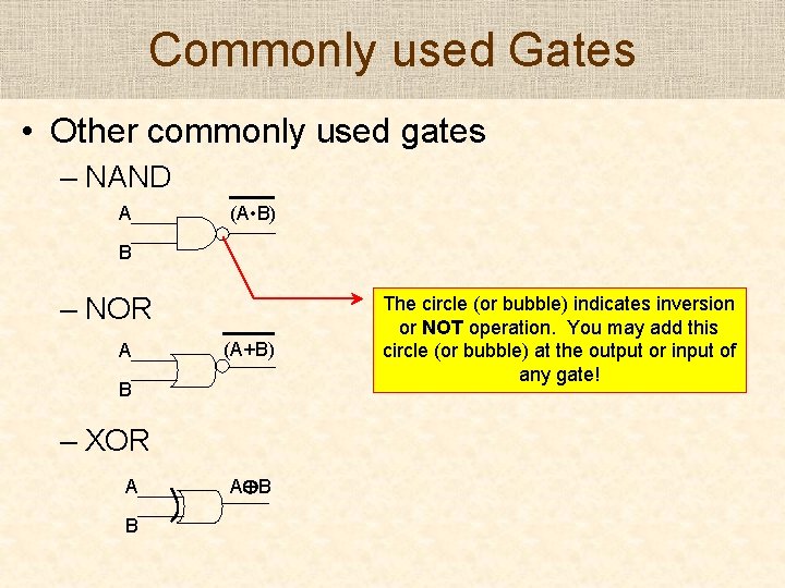 Commonly used Gates • Other commonly used gates – NAND A (A • B)