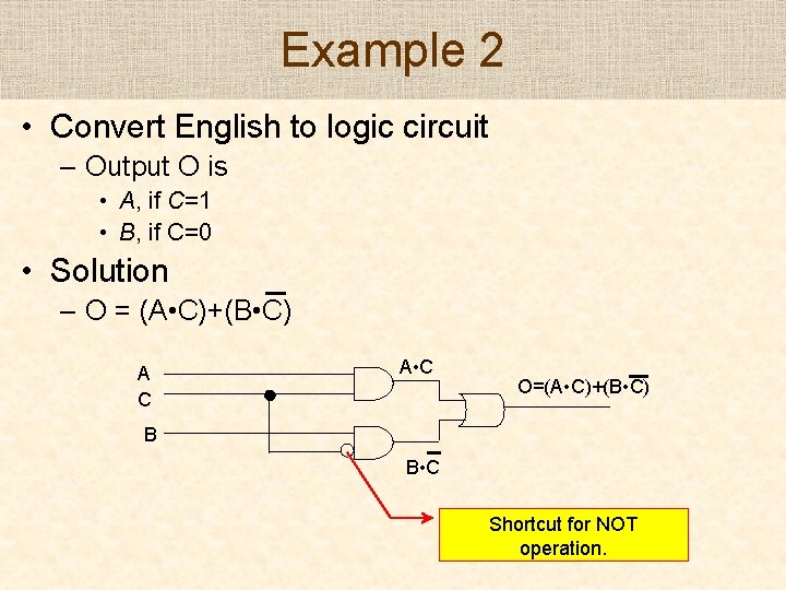 Example 2 • Convert English to logic circuit – Output O is • A,