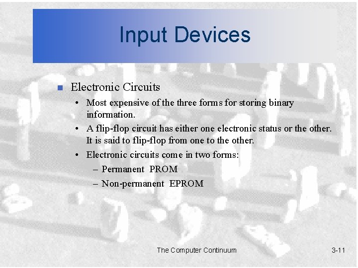 Input Devices n Electronic Circuits • Most expensive of the three forms for storing