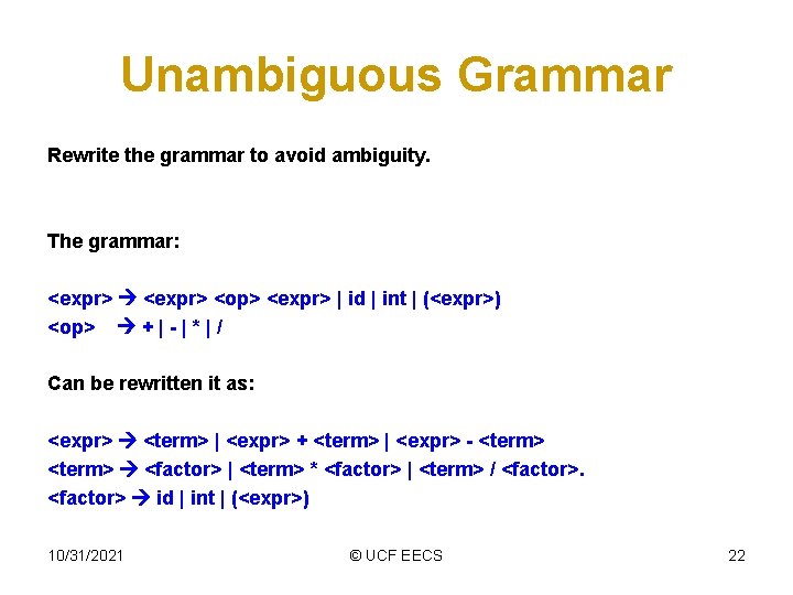 Unambiguous Grammar Rewrite the grammar to avoid ambiguity. The grammar: <expr> <op> <expr> |