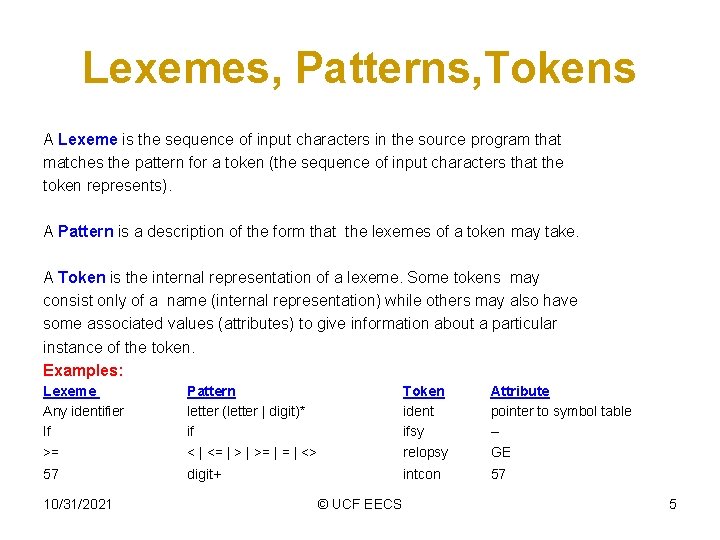 Lexemes, Patterns, Tokens A Lexeme is the sequence of input characters in the source