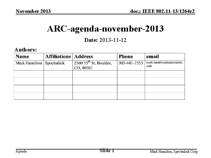 November 2013 doc. : IEEE 802. 11 -13/1264 r 2 ARC-agenda-november-2013 Date: 2013 -11