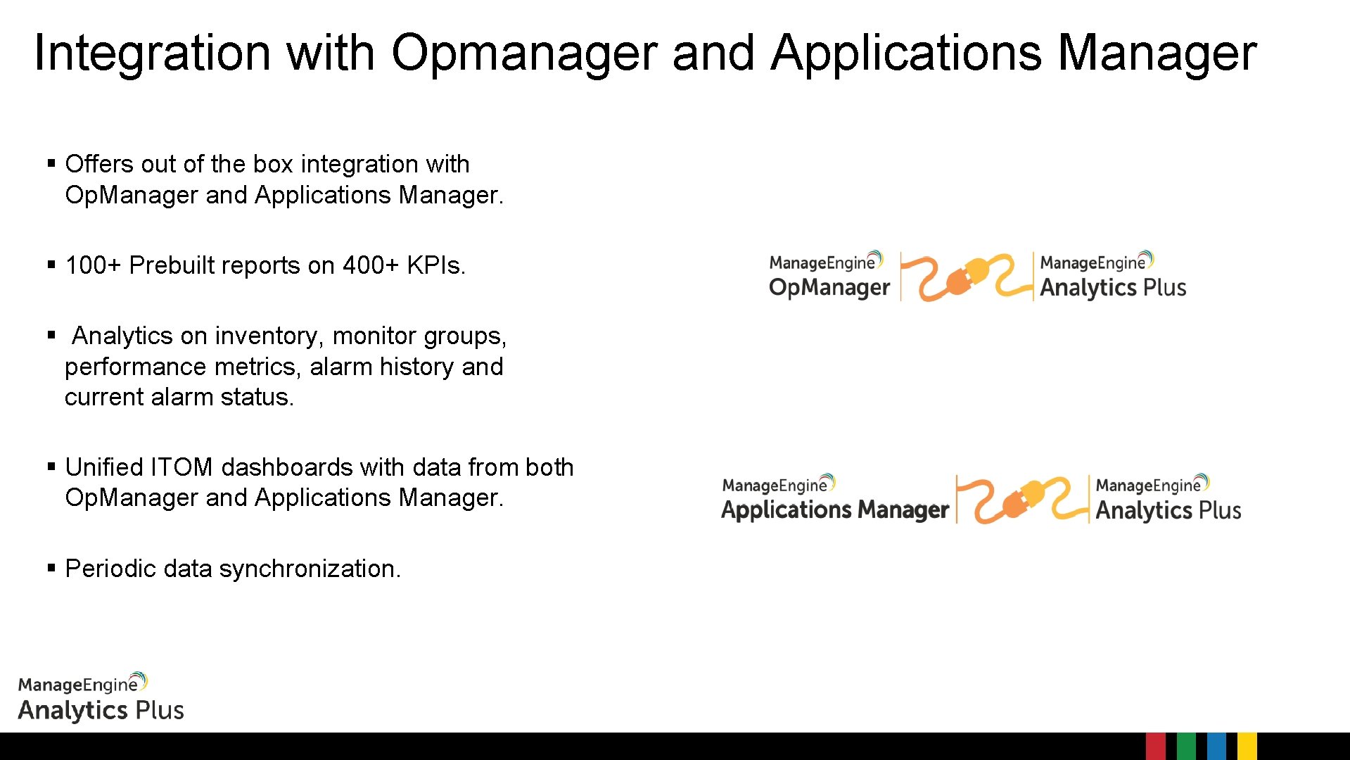 Integration with Opmanager and Applications Manager Offers out of the box integration with Op.