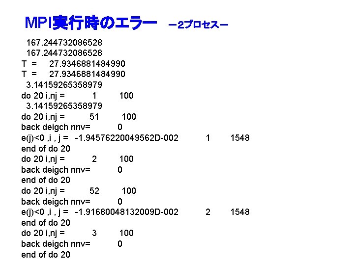 MPI実行時のエラー －２プロセス－ 167. 244732086528 T = 27. 9346881484990 3. 14159265358979 do 20 i, nj