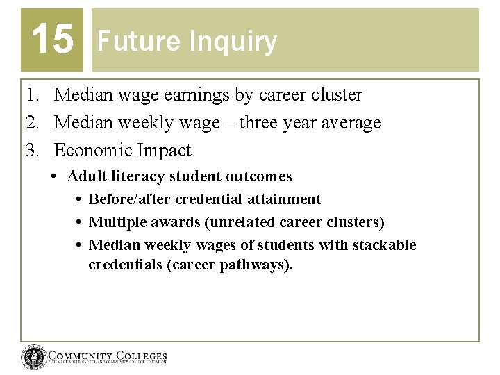 15 Future Inquiry 1. Median wage earnings by career cluster 2. Median weekly wage