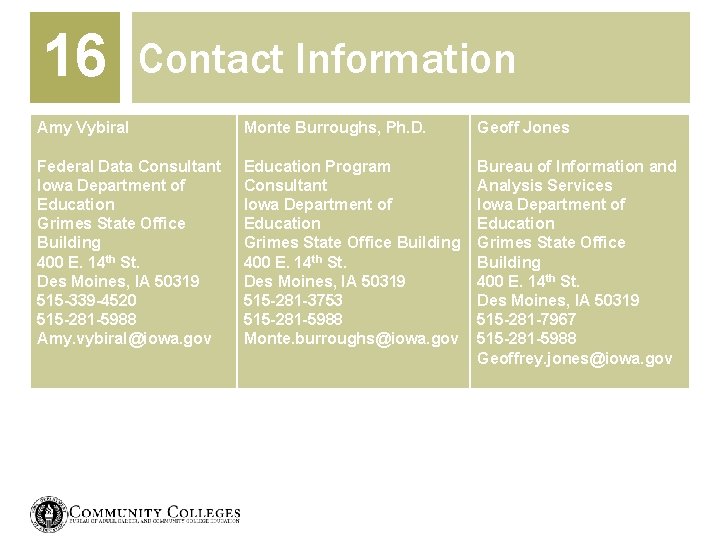 16 Contact Information Amy Vybiral Monte Burroughs, Ph. D. Geoff Jones Federal Data Consultant