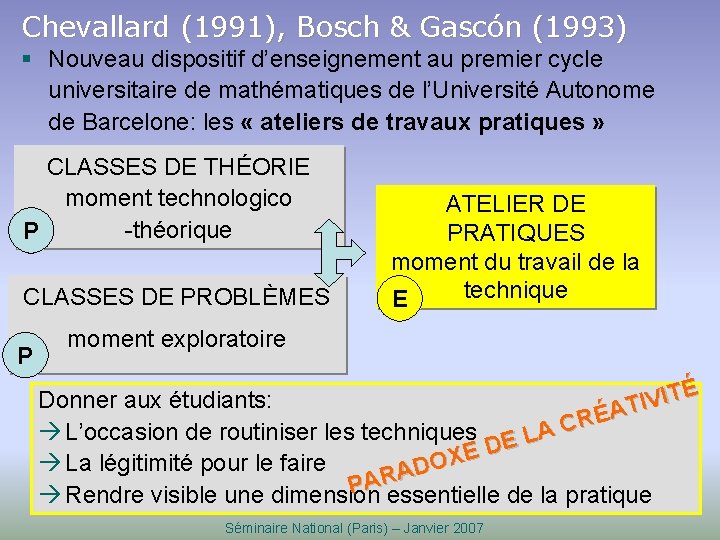 Chevallard (1991), Bosch & Gascón (1993) § Nouveau dispositif d’enseignement au premier cycle universitaire