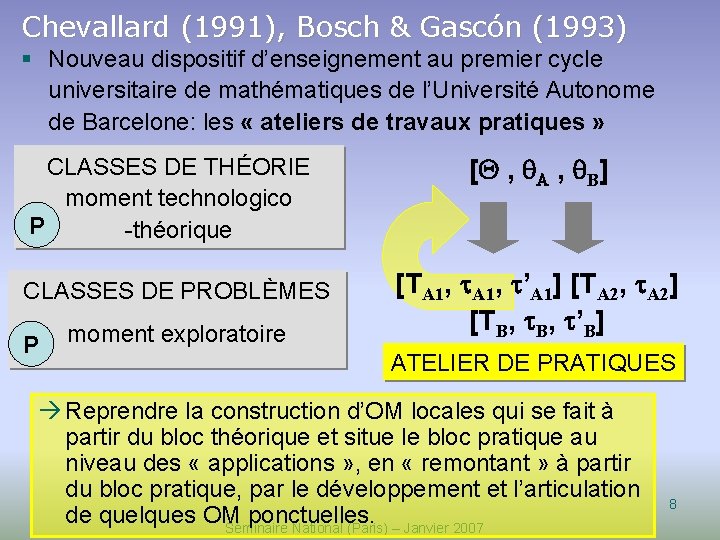 Chevallard (1991), Bosch & Gascón (1993) § Nouveau dispositif d’enseignement au premier cycle universitaire