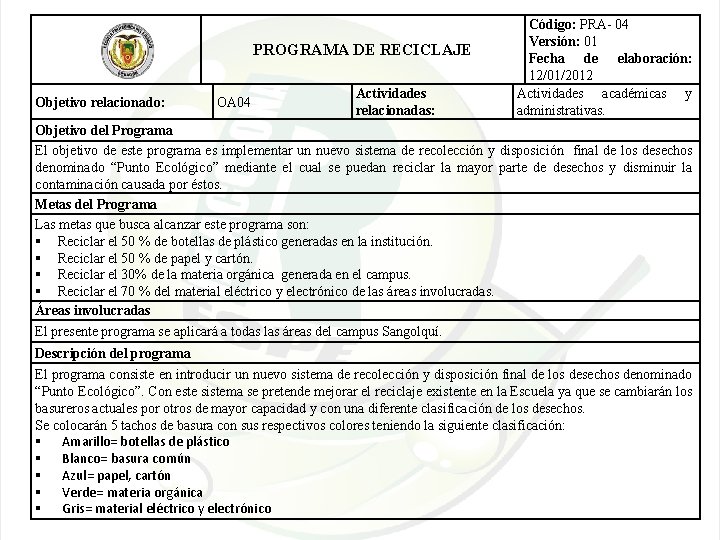 PROGRAMA DE RECICLAJE Objetivo relacionado: OA 04 Actividades relacionadas: Código: PRA- 04 Versión: 01