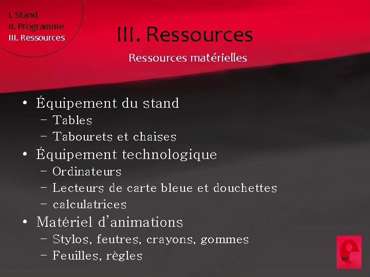 I. Stand II. Programme III. Ressources matérielles • Équipement du stand – Tables –