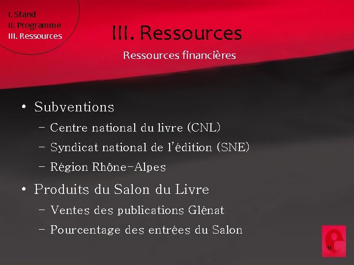 I. Stand II. Programme III. Ressources financières • Subventions – Centre national du livre