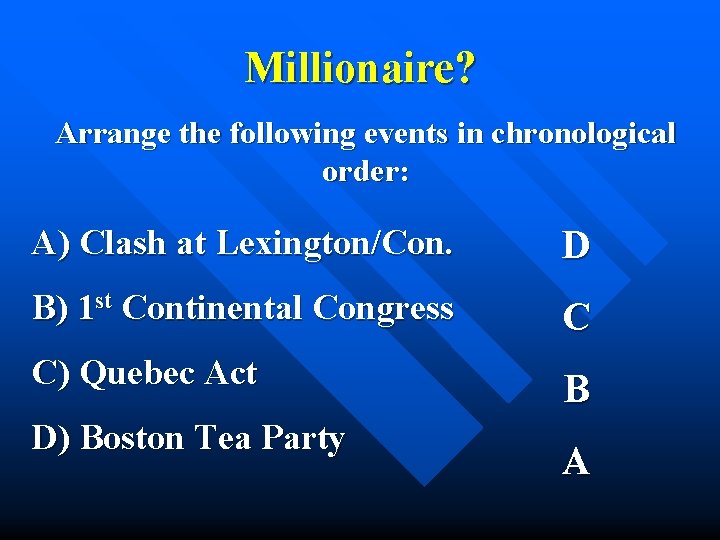 Millionaire? Arrange the following events in chronological order: A) Clash at Lexington/Con. D B)