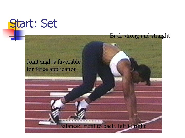 Start: Set Back strong and straight Joint angles favorable force application Balance: Front to