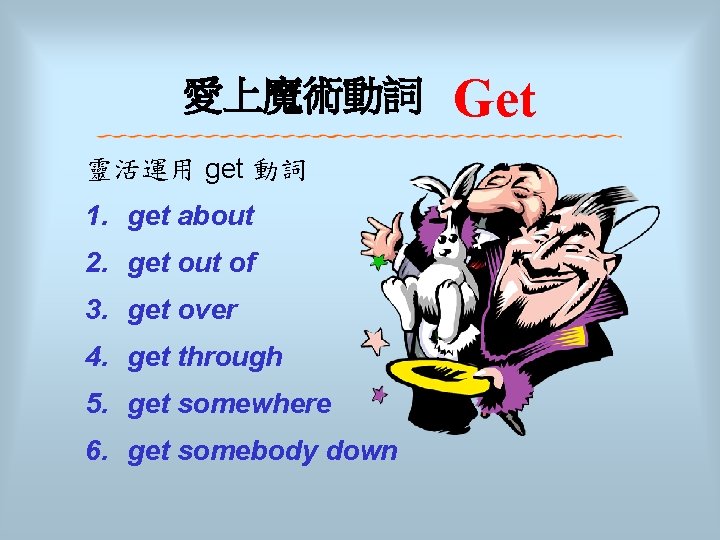 愛上魔術動詞 靈活運用 get 動詞 1. get about 2. get out of 3. get over