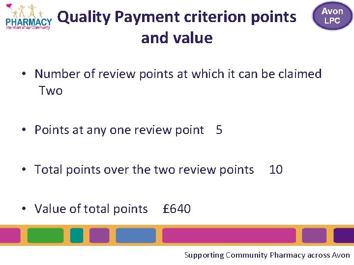 Quality Payment criterion points and value • Number of review points at which it