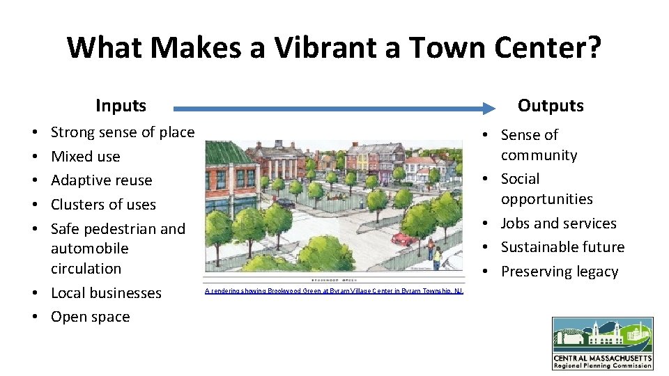 What Makes a Vibrant a Town Center? Inputs Strong sense of place Mixed use