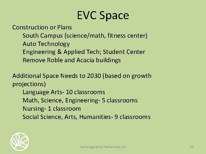 EVC Space Construction or Plans South Campus (science/math, fitness center) Auto Technology Engineering &