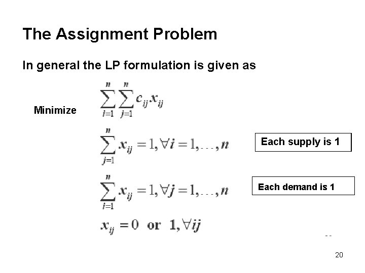 The Assignment Problem In general the LP formulation is given as Minimize Each supply