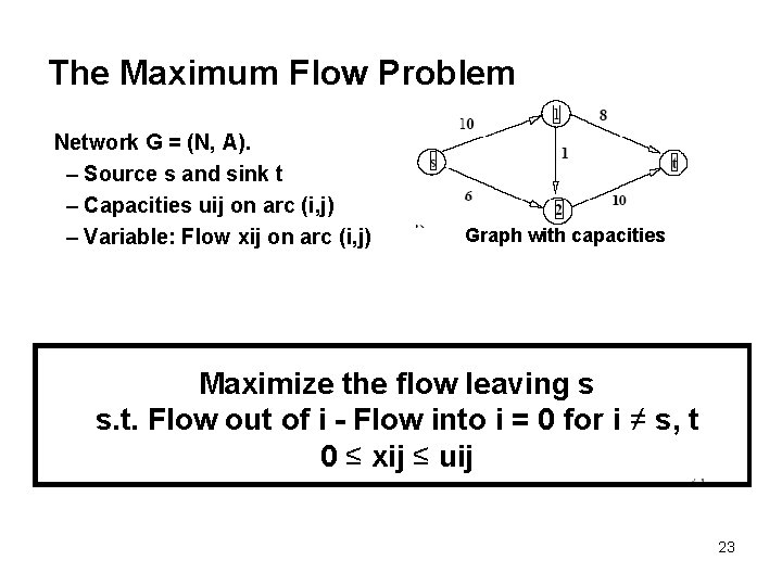 The Maximum Flow Problem Network G = (N, A). – Source s and sink