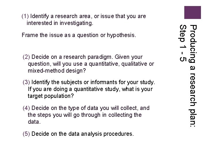 Frame the issue as a question or hypothesis. (2) Decide on a research paradigm.