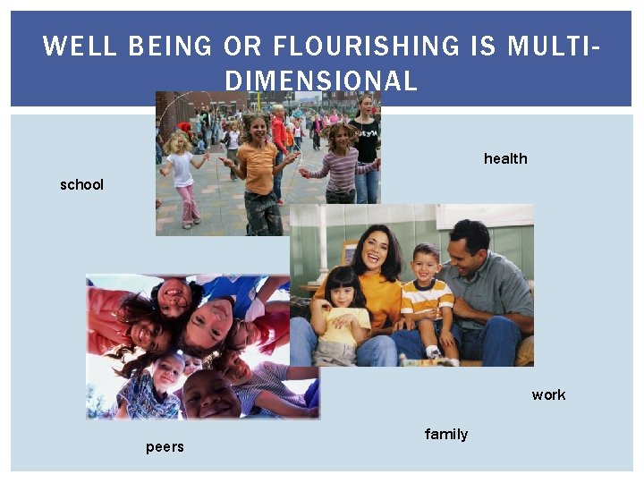 WELL BEING OR FLOURISHING IS MULTIDIMENSIONAL health school work peers family 