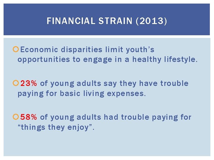 FINANCIAL STRAIN (2013) Economic disparities limit youth’s opportunities to engage in a healthy lifestyle.