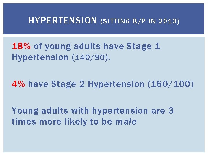 HYPERTENSION (SITTING B/P IN 2013) 18% of young adults have Stage 1 Hypertension (