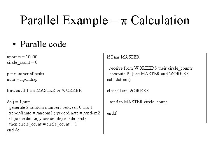 Parallel Example – π Calculation • Paralle code npoints = 10000 circle_count = 0